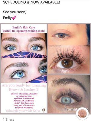 Using only the best Keratin Brow-Lash Lift & Lamination available.
See you soon,
Emily 
Every Minute I Love Your Skin Skin Care