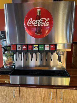 Soda Beverage machine free refills , ice comes out super fast press and take a while to stop so push gently 10/20/24