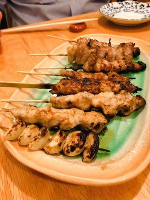 Chicken breast, Pork Belly, Chicken thigh, Shishito, Eggplant yakitori skewers.