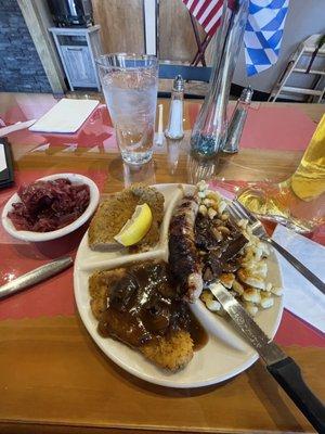 Cardi's Sampler Platter with bratwurst, red cabbage and spatzle