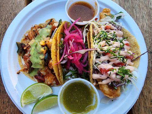 Shrimp Governador, Beef Birria, and Battered Cod tacos