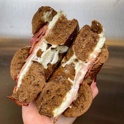 Pumpernickel bagel with egg whites Taylor Ham and Swiss