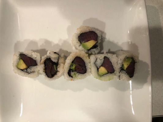 The nastiest Tuna Avacado roll I've ever seen. Smells like low tide!