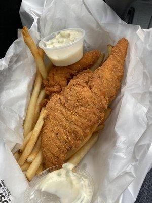 Chicken strips, fries, and tartar sauce