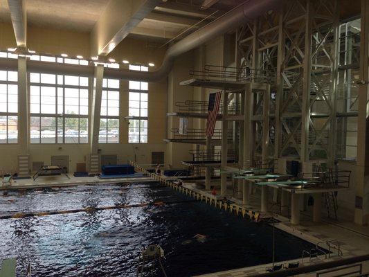 Diving platforms in the same room as the competition pool.