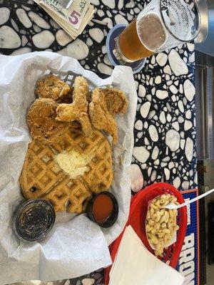 "Chicken" and waffles with a side of Mac.