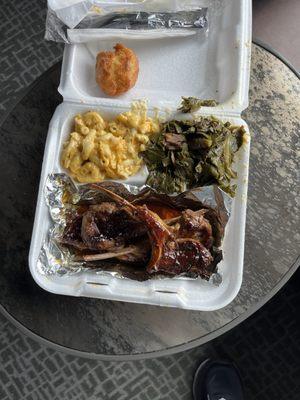 Lamb Chops, greens, and mac and cheese