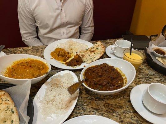 Goat dish, Malai Kofta, Rice, Garlic Naan, and Mango Lassi. Delicious!