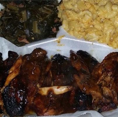 Bbq curry wings, baked mac and cheese and greens