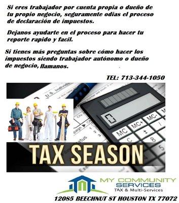 Trabajas por tu Propia Cuenta Ven Nosotros te Ayudamos en el Procceso de tus Taxes para que Sea mas Facil y Rapido.