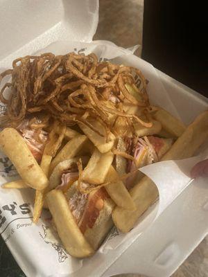 My dads club, fries and onion straws to go.