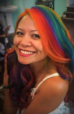 This was not an east feat! Double process rainbow hair for Madame Donut!