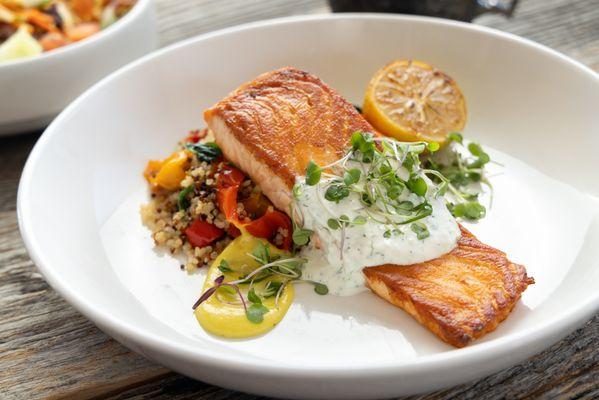 Sustainable Mediterranean Salmon entree
served with salad or veggies