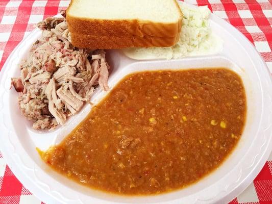 BBQ  pork plate. Perfect slaw & free refills on Brunswick stew!