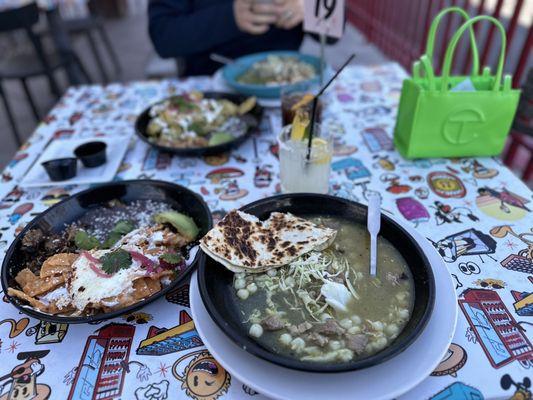 Green pozole and enchiladas