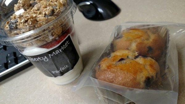 Berry yogurt and 2 blueberry muffins (less than $3 a pack).