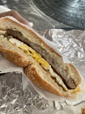 Sausage egg n cheese on a hard roll!