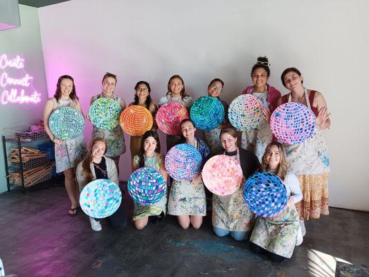 Bachelorette party, painting discoballs.