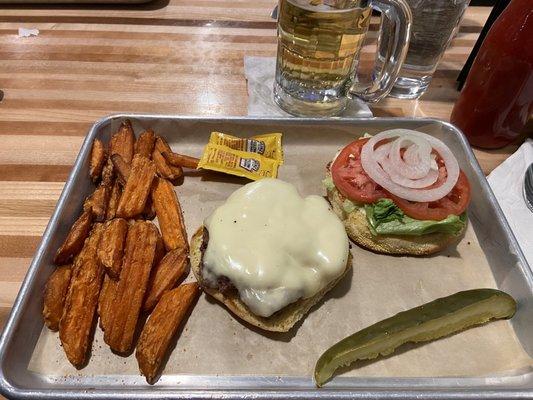 Burger and sweet potato fries.