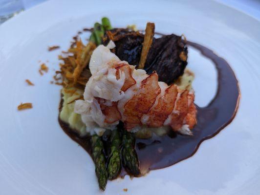 Filet Mignon, with Mashed Potatoes, Asparagus, and lobster tail.