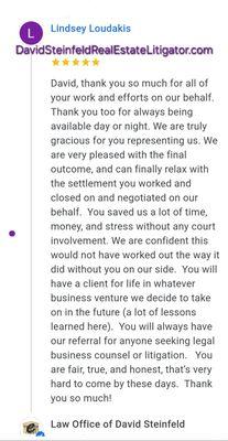 Outstanding client review of David Steinfeld business lawyer www.DavidSteinfeldRealEstateLitigator.com