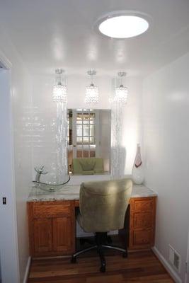 Woodbridge master bathroom remodel  - vanity area with new tile on walls, granite, light fixtures and vessel sink