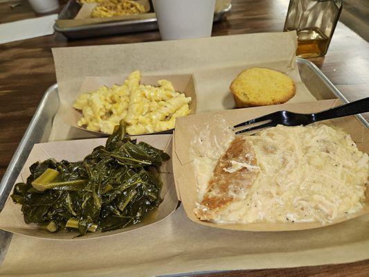 My food: Southern Chicken Pie, collard greens, mac n cheese, cornbread muffin.