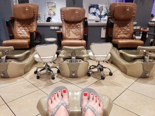 Spa Pedicure $35. Includes light foot/calf massage and salt scrub. Electric chair massage has good pressure, modes, and adjustability.