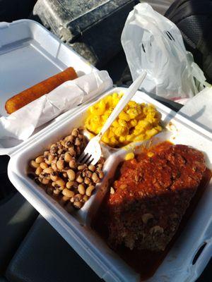 Meatloaf, black eye peas, macaroni and cheese and hot water corn bread   thanks again momma for feeling up your son's tummy