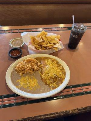 enchilada lunch special which comes with complimentary chips and salsa