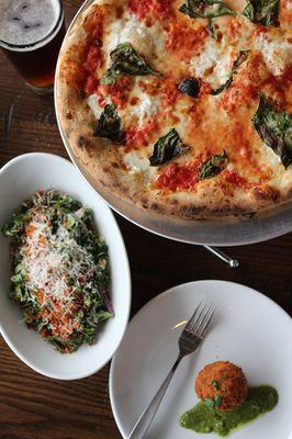 Saffron Arancini, Caesar Salad, & Margherita Pizza