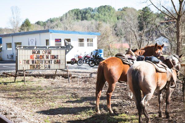 Plenty of free parking for cars, trucks, motorcycles, and even horses!