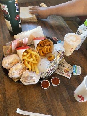 Beef jalapeño sliders, fries, orange shake and beef and cheddars