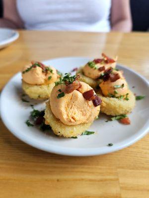 These deviled eggs were absolutely velvety, the cotija cheese and bacon, scallion mix...amazing!