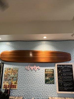 The Interior with A Surfboard hanging on the wall @ Brian's Shave Ice in Sherman Oaks CA.