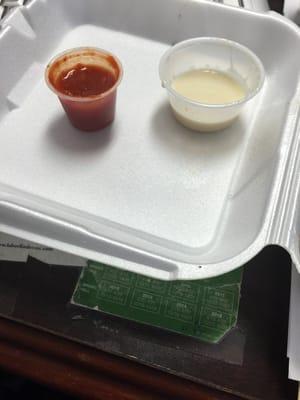 Good food-Extra sauce (1 comes w/ meal) is $.50 and that is a very small container you get.