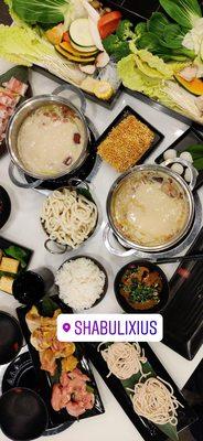 Original broth, top right: ramen, middle: udon, left: fish cakes