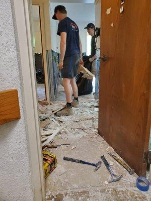 Flood clean up in apartment building after devastating floods.