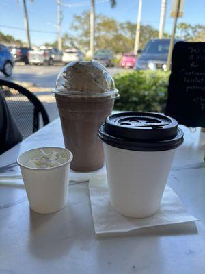 Frozen chocolate, Mocha Supremo, and a whipped cream pup cup.