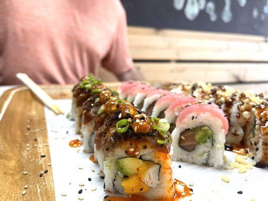 From left to right: Thai Mango Beef Roll, Cupid Roll, and then Dynamite Roll