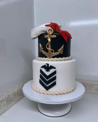 Navy HM1 cake, happy retirement. Cake made of fondant and fondant decorations