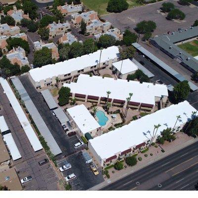 After of the apartment complex roofs we did a complete Repair and New white elastomeric top coat on the foam roofs.