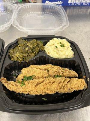 Fried Whiting with Collard Greens and Potato Salad