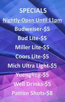 Molly Brown's Nightly special's. 7-Days a week!