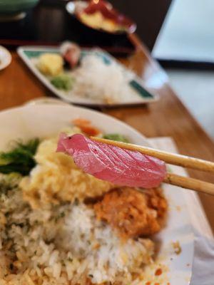 Razer thin, low quality tuna from chirashi bowl