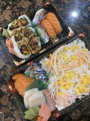 Chirashi bowl, salmon skin roll, salmon sushi and mackerel sushi