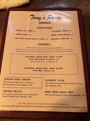 Dinner menu