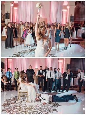 Mission Inn Wedding - We Provided: Seamless White Dance Floor w/ Vinyl Decal, Blush Pink Uplighting & DJ Services. #MissionInnHotel