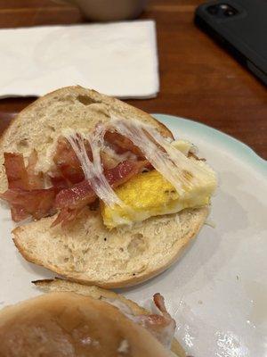 Bacon, Egg, and Cheese Bagel Sandwich - much like the old Wendy's commercials, where's the egg?!!!!