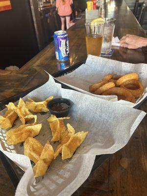 Onion rings and Daddy Bob's wontons